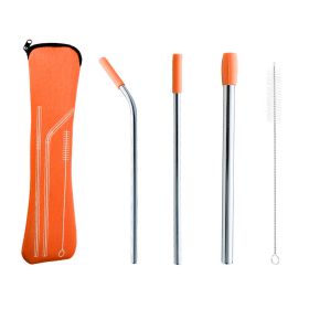 5pcs Set Stainless Steel Straws; Reusable Metal Straws With Silicone Tips; Sturdy Bent Straight Drinks Straw; Food Grade Straw; With 3pcs Straws; 1pc (Color: Orange)